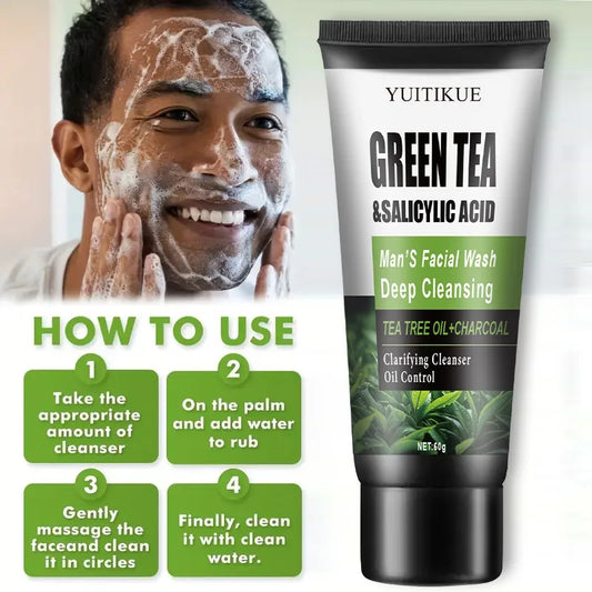 Gel Nettoyant Visage Homme 60g – Thé Vert & Acide Salicylique, Nettoyage Profond