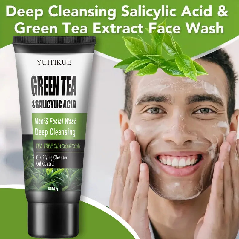 Gel Nettoyant Visage Homme YUITIKUE 60g – Thé Vert & Acide Salicylique, Nettoyage Profond