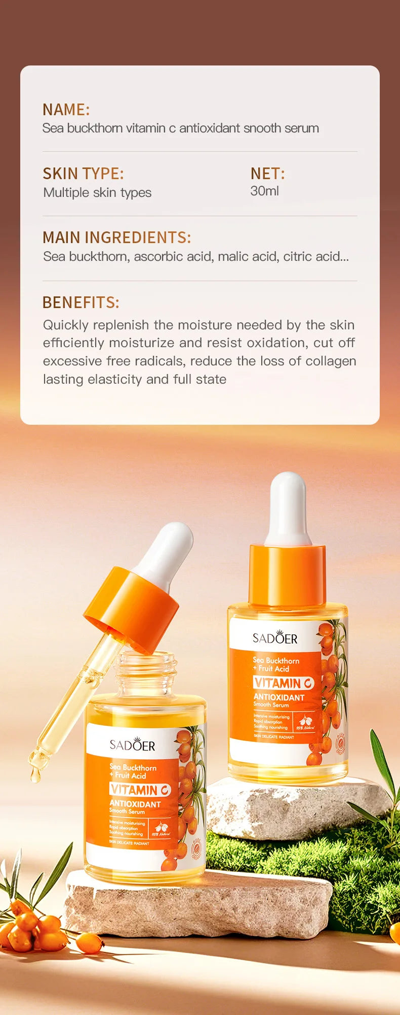 Sérum Visage Vitamine C Argousier SADOER 30ml – Éclat, Anti-âge & Réparateur